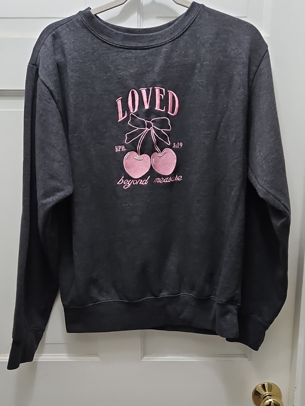 Love In Faith Loved  Cherry Graphic Sweatshirt - Dark Gray with Pink Embroidery